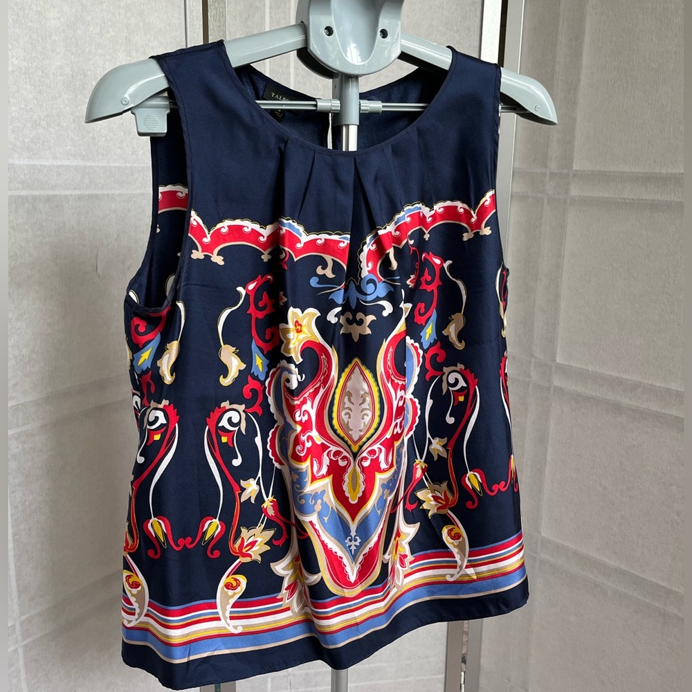 Talbots Silk Blouse Damask Floral Navy Red Popover Top Size 8
